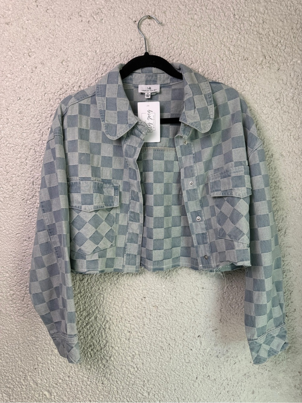 URBAN DAIZY Light Blue Checkered Cropped Cotton Denim Jacket